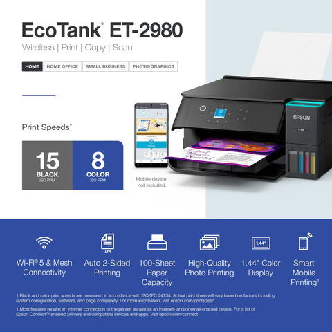 ET-2980 EcoTank Wireless All-In-One Color Supertank Printer on display with sample prints, ink tanks, and control panel screen visible.