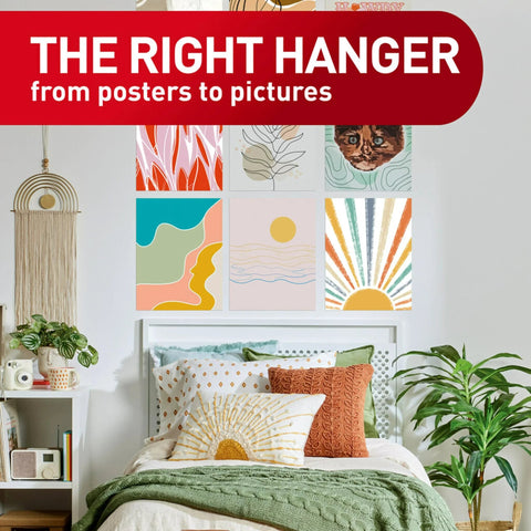 Room with colorful artwork above bed using Poster Strips 64 Count Damage Free Hanging Adhesive No Tools Hangs Up To 32 Posters Or Signs