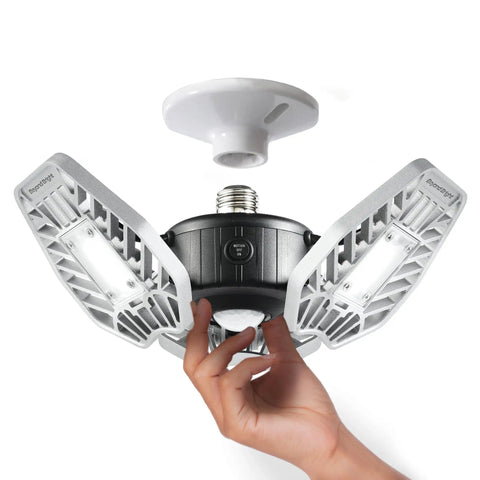 Hand installing Motion Activated Garage Light With 96 Ultra Bright LEDs, 6000 Lumens, No Tools Needed, Easy Screw In Installation