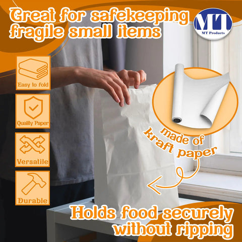 Person holding a white paper bag with text highlighting features. Focus: White Paper Bags 8 Lb Capacity, Disposable Lunch Bags For Takeout.