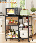 Microwave Stand With Wheels 6-Tier Rolling Cart Adjustable Shelves Kitchen Island Storage Office Organizer Coffee Bar Table Rustic Brown All-In-One Microwave Oven Rack For Living Room Dorm And Small Spaces with kitchen appliances and utensils.
