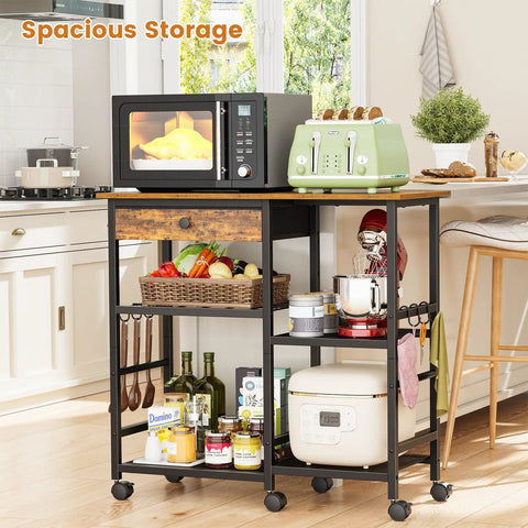 Microwave Stand With Wheels 6-Tier Rolling Cart Adjustable Shelves Kitchen Island Storage Office Organizer Coffee Bar Table Rustic Brown All-In-One Microwave Oven Rack For Living Room Dorm And Small Spaces with kitchen appliances and utensils.