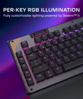 Close-up of Full Size Mechanical PC Gaming Keyboard With Command Touch Display And Titan Switches For Rapid Macro Setup And Absolutely Lit Zero Lag Clutch Gameplay Ready, featuring per-key RGB illumination.