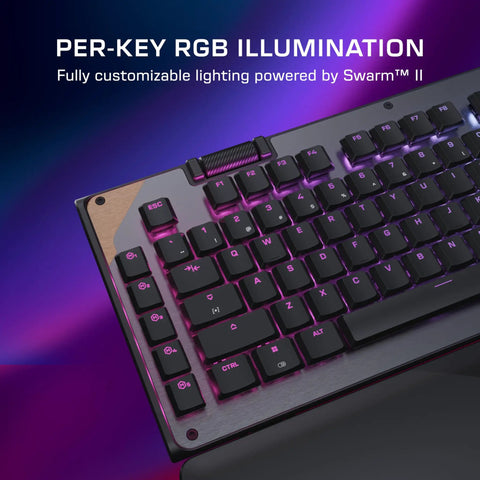 Close-up of Full Size Mechanical PC Gaming Keyboard With Command Touch Display And Titan Switches For Rapid Macro Setup And Absolutely Lit Zero Lag Clutch Gameplay Ready, featuring per-key RGB illumination.