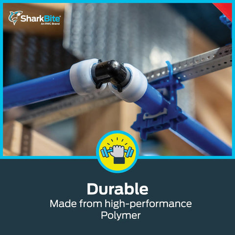 1.5 Inch 90 Degree Expansion Elbow For Pex A Pipe Fitting Pack Of 10 Heavy Duty Plastic Plumbing Connector No Sweat Quick Install Water Line Adapter Straight Shooter Performance For Residential Tasks installed between blue pipes.