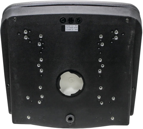Bottom view of KM 225 Black Vinyl 19 Inch Bucket Seat For Mowers Gators Skid Steers Compact Utility Tractors with mounting holes