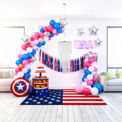 Room decorated with USA theme featuring a sparkling iridescent acrylic beaded hanging chandelier with 4 tier beads pendant shade