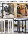 Four images showing bifold doors in various settings, highlighting versatility. Two Pack Bifold Door Hardware Repair Kit With Top And Bottom Brackets Pivots And Spring Loaded Guide Wheel For Sliding Closet Barn Pocket And Accordion Doors DIY Friendly Pro Grade Heavy Duty Build Built To Last And Easy To Install.