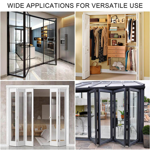 All In One Do It Yourself Bifold Door Hardware Repair Kit with top and bottom brackets and pivots shown in installation examples.