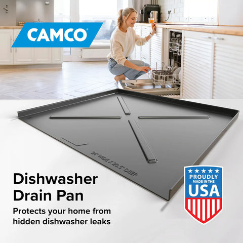 Dishwasher Drain Pan Leak Shield displayed with woman unloading dishwasher in kitchen, heavy-duty polymer, 23 5/8 x 20 1/2 inches.