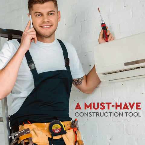 Man holding a retractable tape measure twenty five feet with one thirty second inch and one millimeter precision near air conditioner