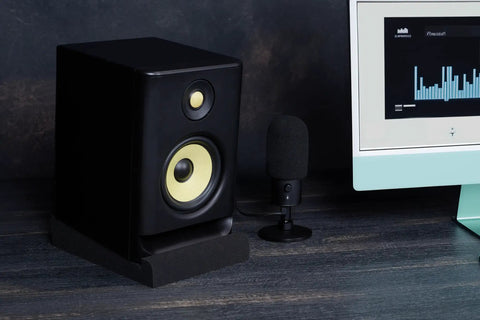 Studio Monitor Isolation Pads For 5 Inch Monitors, 2 Pack, High Density Acoustic Foam That Keeps Your Speakers Secure shown with monitor