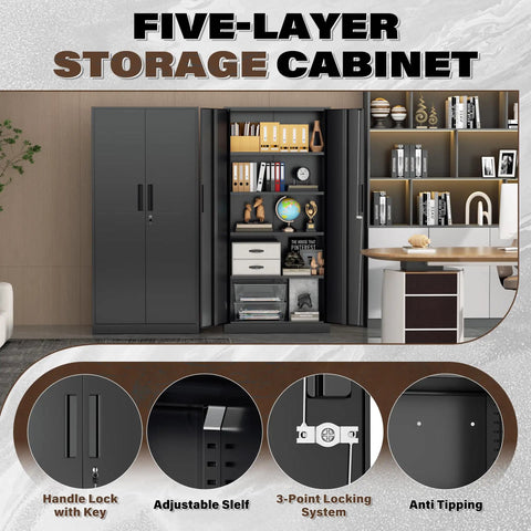Five-layer storage cabinet with open doors showing internal shelves, handle lock, and adjustable shelf features