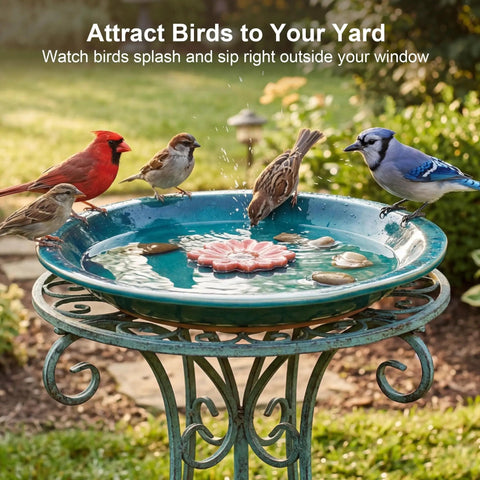 Ceramic Bird Bath And Feeder For Outdoor Gardens 12.2 Inch Diameter 2 Inch Depth Blue With Red Flower Shallow Bowl With Birds
