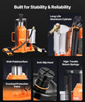 Front view of VEVOR 20-ton air hydraulic bottle jack with manual handle and air pump; orange base, aluminum cylinder.