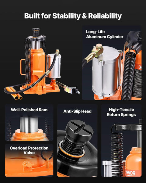 Front view of VEVOR 20-ton air hydraulic bottle jack with manual handle and air pump; orange base, aluminum cylinder.