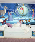 Illustration of Disney Princess Cinderella carriage mural in kids' bedroom, featuring fairy godmother and animals, 10.5ft by 6ft.