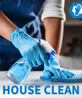 Person wearing Blue Nitrile Exam Gloves XL 100 Count 4 Mil Thick cleaning surface with spray bottle and cloth.