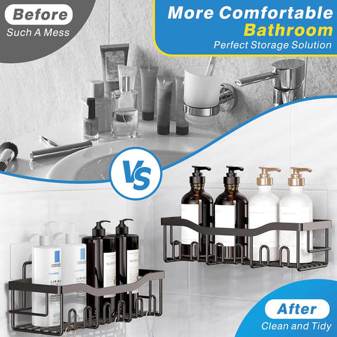 Five Piece No Drill Adhesive Shower Caddy Set With Rustproof Stainless Steel Bathroom Organizer showing tidy countertop with products