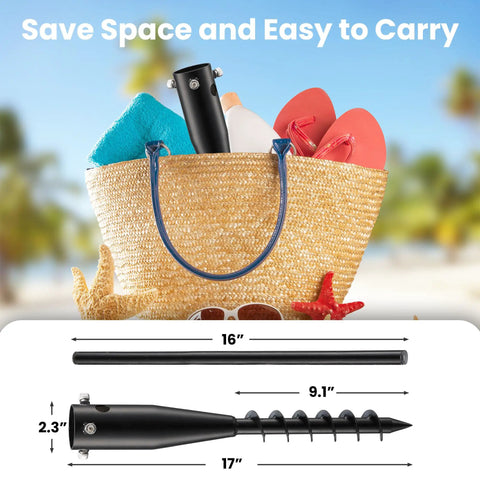 Beach Umbrella Sand Anchor Heavy Duty Outdoor Umbrella Holder No Dig Ground Base shown stored in a beach tote.