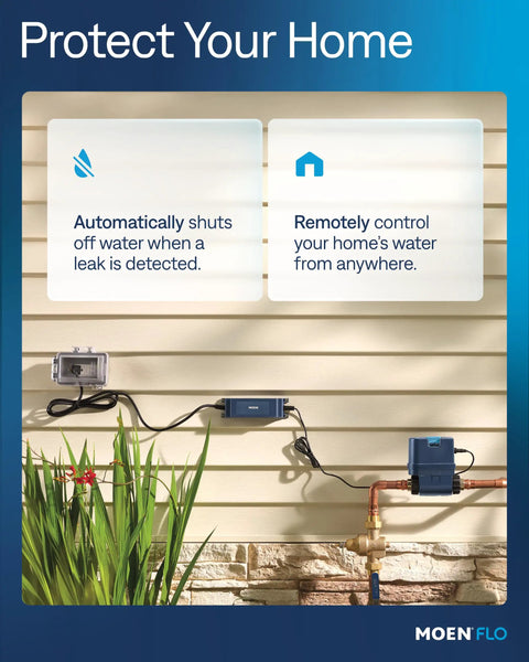 Flo Shutoff Automatic Water Leak Detector And Main Line Shutoff For One Inch Pipes on outdoor copper plumbing, with remote control module
