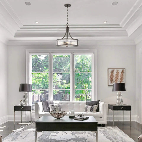 Scarlett 17 Inch 4 Light Modern Drum Chandelier With Rippled Glass Panel Shade In Oil Rubbed Bronze Finish in modern living room