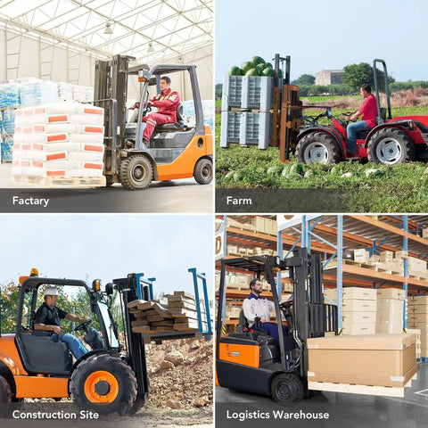 Beefy Heavy Duty Clamp On Pallet Forks Attachment for skid steer loaders lifting materials at factory, farm, site, and warehouse.