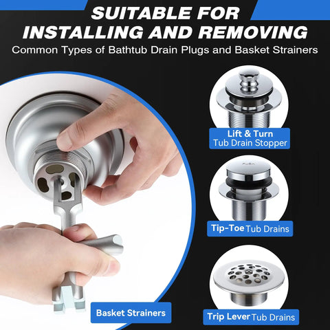 Heavy Hitter Tub Drain Wrench With Sliding Handle For Universal Cross Bars And Dead Simple Sink Pop Up Plug Removal Effortless Bathroom Plumbing Fix Kit used on various tub drain types.