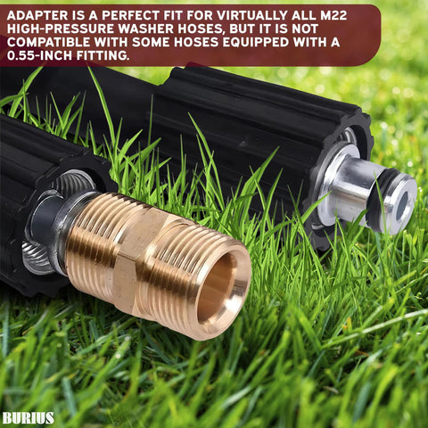Side view of brass M22 14mm pressure washer hose coupler with quick-connect.