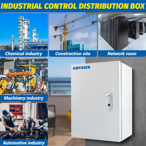 Heavy Duty NEMA 4X Steel Electrical Junction Box Waterproof Dustproof Wall Mounted Indoor Outdoor Enclosure With Lock And Mounting Plate with various industry backgrounds.