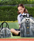 Bear Themed Sunglasses Backpack With Insulated Cooler Lunch Box next to girl seated on grass field