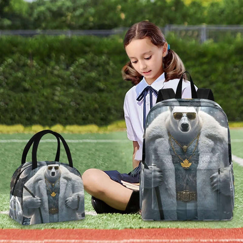 Bear Themed Sunglasses Backpack With Insulated Cooler Lunch Box next to girl seated on grass field
