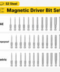 Heavy Duty Hex Head Allen Wrench Drill Bit Set Featuring 33 Pieces Crafted From Tough As Nails S2 Steel With Magnetic Tip And Quarter Inch Shank Covers Metric Sae And Security Torx Sizes For Knockout Home Repairs. Driver bit set includes 33 S2 steel bits in SAE, metric, and tamperproof.