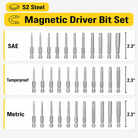 Heavy Duty Hex Head Allen Wrench Drill Bit Set Featuring 33 Pieces Crafted From Tough As Nails S2 Steel With Magnetic Tip And Quarter Inch Shank Covers Metric Sae And Security Torx Sizes For Knockout Home Repairs. Driver bit set includes 33 S2 steel bits in SAE, metric, and tamperproof.