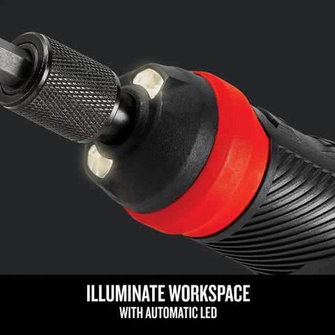 Close-up of 4V Electric Screwdriver Set With 300 RPM Drive, Micro USB Charging Port, illuminated workspace with LED light.