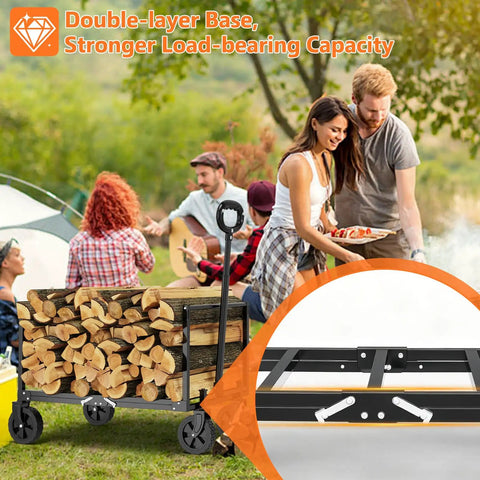3 In 1 Foldable Wagon Cart With All Terrain Wheels For Heavy Duty Hauling carrying firewood at a campsite, showing steel frame.
