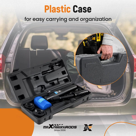 Beast 8-Ton Hydraulic Knockout Punch Kit in plastic carrying case for easy transport and storage.