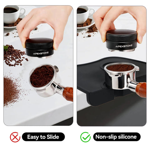 Silicone Coffee Tamper Mat 8 Inch By 6 Inch For Espresso Tamping shown preventing sliding with portafilter on a counter.