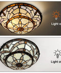 Tiffany Style Ceiling Light With Stained Glass Vibe 2 Light 12 Inch Flush Mount for bedroom shown lit and unlit on the ceiling