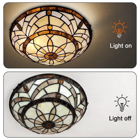 Tiffany Style Ceiling Light With Stained Glass Vibe 2 Light 12 Inch Flush Mount for bedroom shown lit and unlit on the ceiling