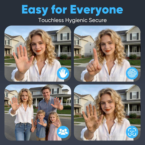 Collage of people demonstrating hand gestures for smart lock access control outside a suburban house.