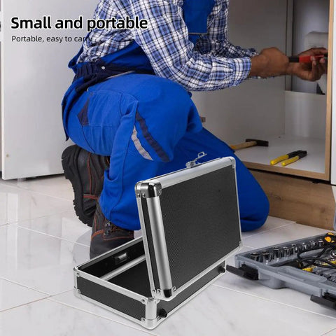 Heavy Duty Aluminum Tool Box With Secure Combination Lock, Boss Grade Hardware Organizer Case For Real Deal Mechanics, Massive Job Site Storage Trays For Hand Tools And Instruments, portable open toolbox on floor.