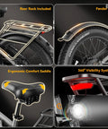 Powerful 2500W Peak Electric Fat Tire Bike with rear rack, fenders, ergonomic saddle, and 360° visibility system for adults