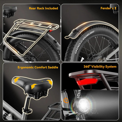 Powerful 2500W Peak Electric Fat Tire Bike with rear rack, fenders, ergonomic saddle, and 360° visibility system for adults