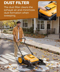 Heavy Duty Manual Walk Behind Floor Sweeper With 41 Inch Wide Cleaning Path For Warehouses Non Electric Broom Solid Rubber Wheels in use.