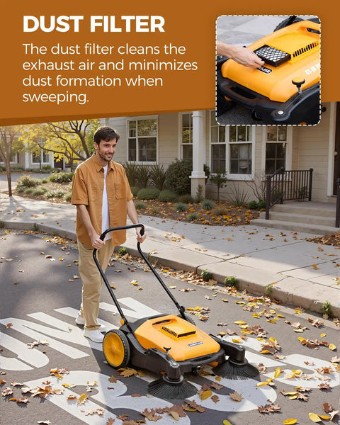 Heavy Duty Manual Walk Behind Floor Sweeper With 41 Inch Wide Cleaning Path For Warehouses Non Electric Broom Solid Rubber Wheels in use.