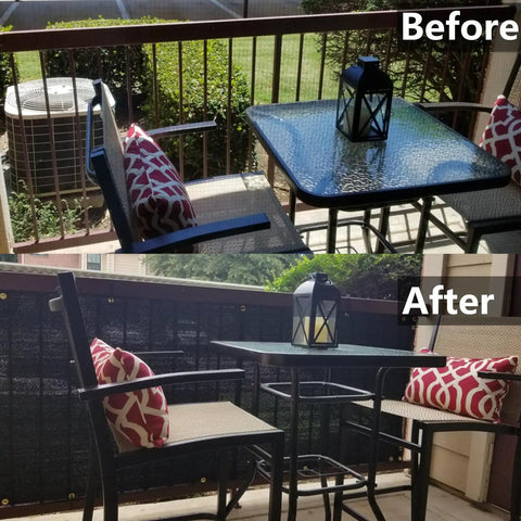Before and after installing 4x10 Black Balcony Privacy Screen Fence Cover With UV Protection Weatherproof Waterproof Shade Cloth.