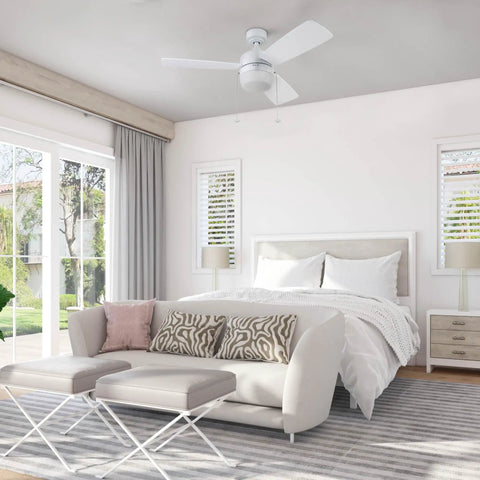 Barcadero Modern 44 Inch Ceiling Fan With Light LED Indoor Fan Three Blades White Finish in a cozy bedroom setting
