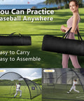 Woman carrying Backyard Baseball Batting Cage 30x13x9 Ft With Pitching Hole And Ball Tee in case for easy setup and practice.