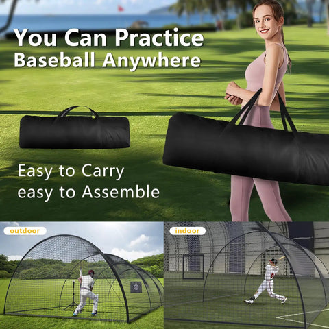 Woman carrying Backyard Baseball Batting Cage 30x13x9 Ft With Pitching Hole And Ball Tee in case for easy setup and practice.